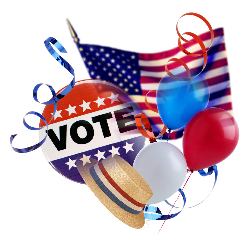Vote pin with balloons, hat and flag